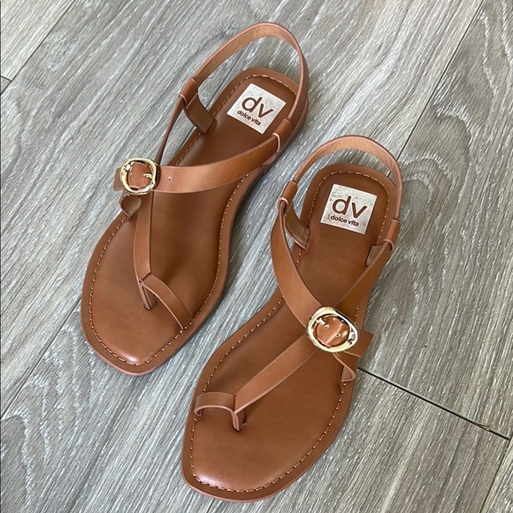 Dolce Vita Tan T-Strap Sandals with Ankle Buckle 7 - Picture 1 of 5